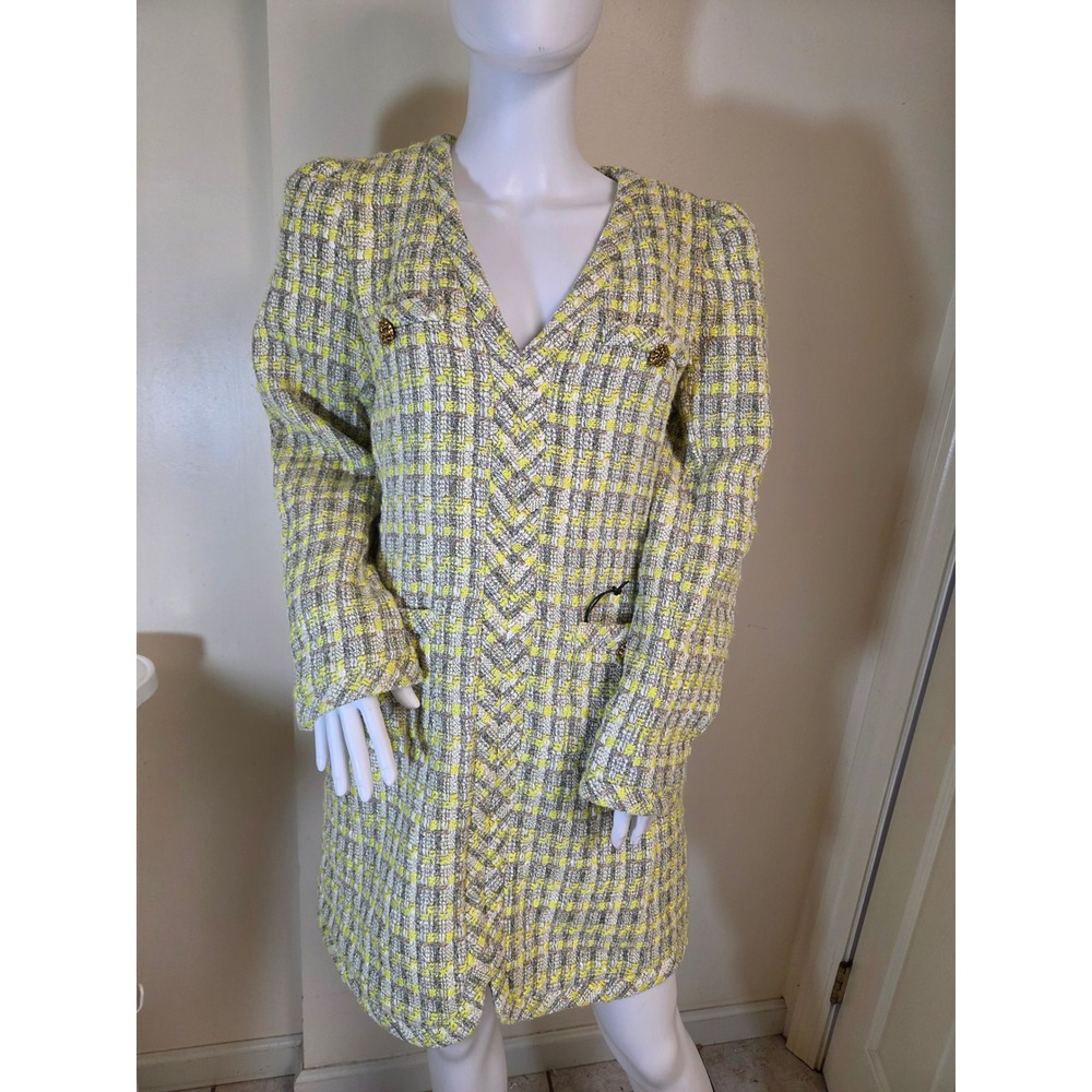 Tuckernuck Green Tweed V-Neck Long Sleeve Dress Yellow Grey NYAP-34-D657-Green
